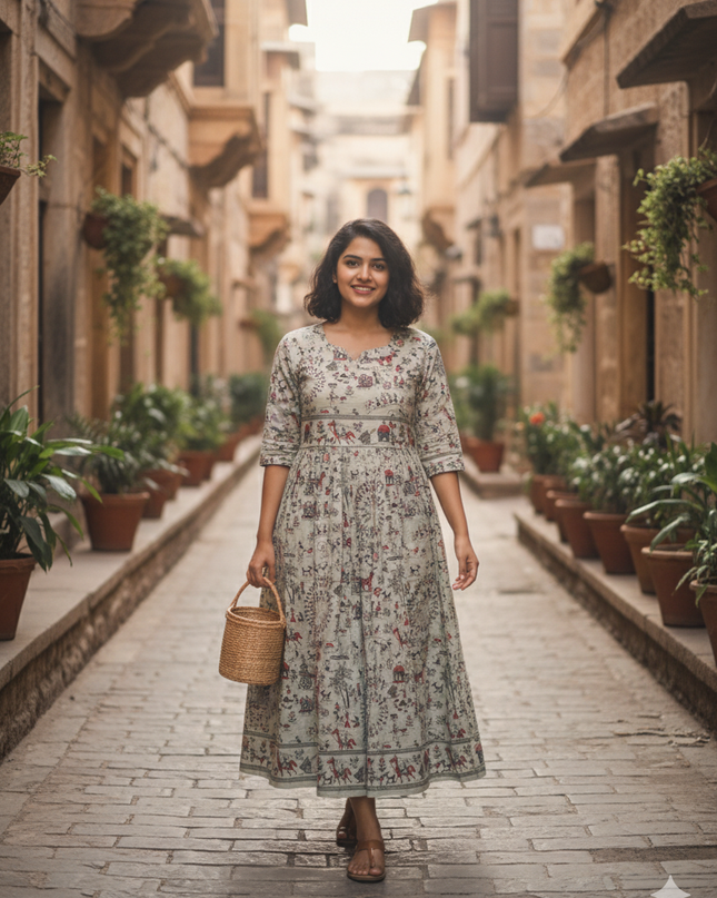Half White Floral Printed Cotton Frock for Women – Casual Wear | Bhavana Handlooms