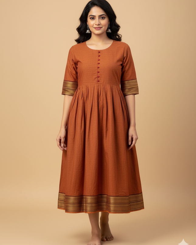 Mangalagiri Cotton Long Frock with Dark Brown Colour