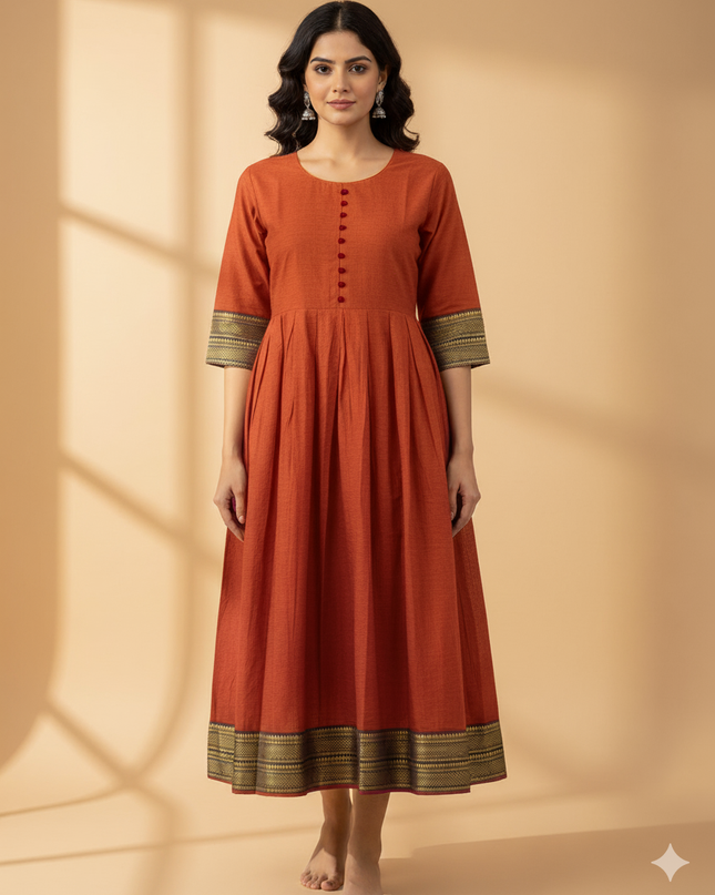 Mangalagiri Cotton Long Frock with Orange Colour