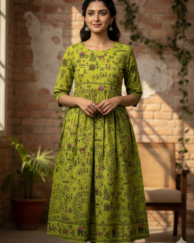 Banana Green  Floral Printed Cotton Frock for Women – Casual Wear | Bhavana Handlooms