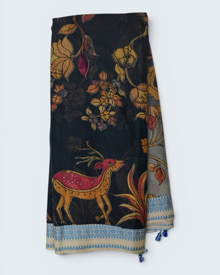 Khadi Digital Printed Saree in Black Colour with Deer & Floral Nature-Inspired Design