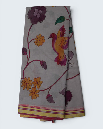 Khadi Digital Printed Saree in Off White Colour with Colorful Bird & Floral Nature-Inspired Design