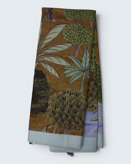 Khadi Digital Printed Saree in Earth Brown Colour with Scenic Forest Nature-Inspired Design