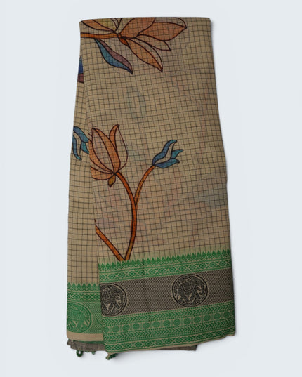 Khadi Digital Printed Saree in Beige Colour with Botanical Floral Nature-Inspired Design