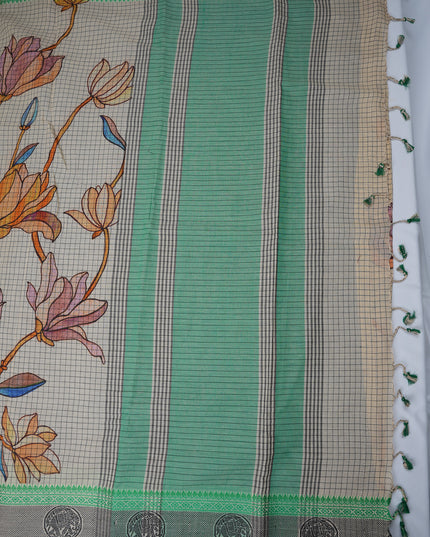 Khadi Digital Printed Saree in Beige Colour with Botanical Floral Nature-Inspired Design