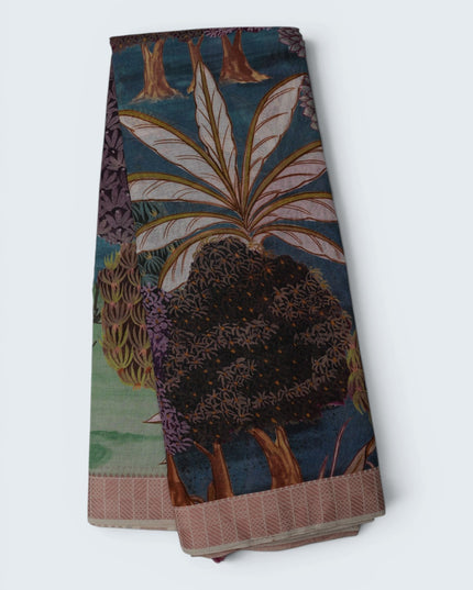 Khadi Digital Printed Saree in Teal Blue Colour with Scenic Forest Nature-Inspired Design