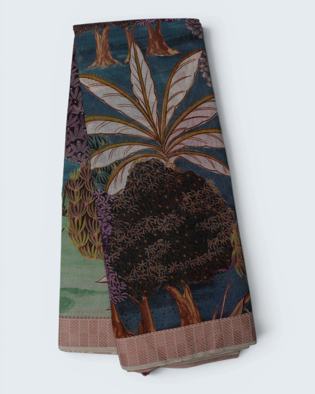 Khadi Digital Printed Saree in Teal Blue Colour with Scenic Forest Nature-Inspired Design