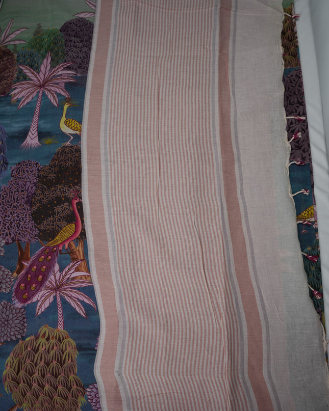 Khadi Digital Printed Saree in Teal Blue Colour with Scenic Forest Nature-Inspired Design