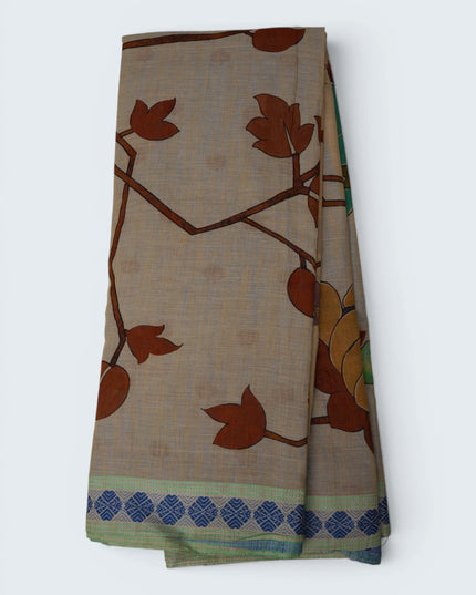 Khadi Digital Printed Saree in Beige Colour with Botanical Leaf Nature-Inspired Design