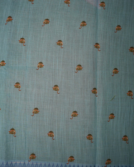 Khadi Digital Printed Saree in Emerald Green Colour with Lotus Nature-Inspired Design