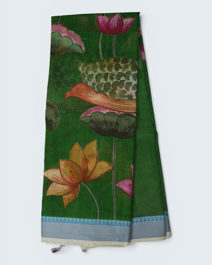 Khadi Digital Printed Saree in Emerald Green Colour with Lotus Nature-Inspired Design