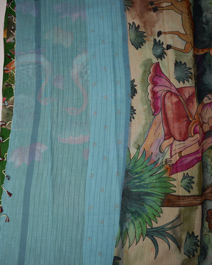 Khadi Digital Printed Saree in Emerald Green Colour with Lotus Nature-Inspired Design