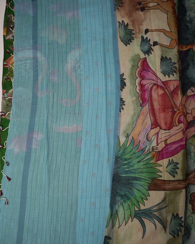 Khadi Digital Printed Saree in Emerald Green Colour with Lotus Nature-Inspired Design