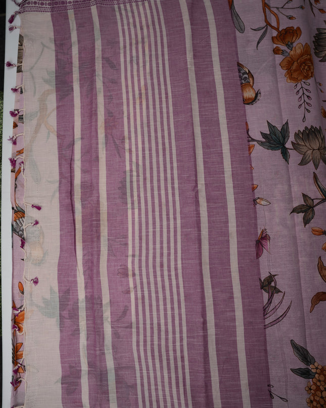 Khadi Digital Printed Saree in Mauve Colour with Floral Nature-Inspired Design
