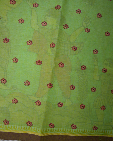 Khadi Digital Printed Saree in Mint Green Colour with Artistic Bird & Nature-Inspired Design