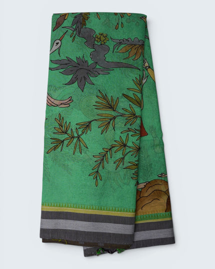 Khadi Digital Printed Saree in Mint Green Colour with Artistic Bird & Nature-Inspired Design