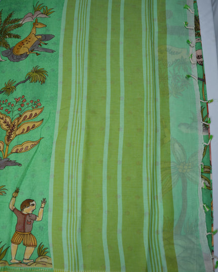 Khadi Digital Printed Saree in Mint Green Colour with Artistic Bird & Nature-Inspired Design