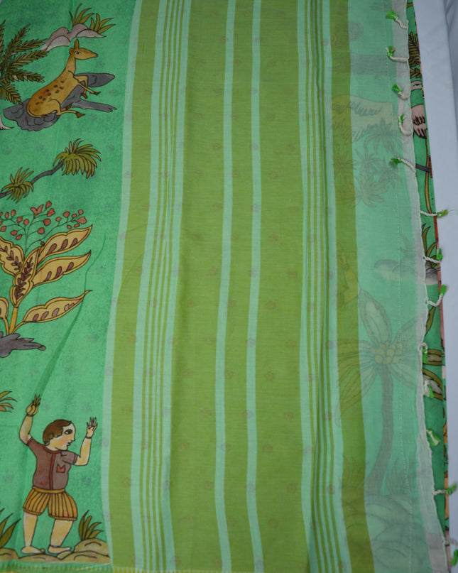 Khadi Digital Printed Saree in Mint Green Colour with Artistic Bird & Nature-Inspired Design