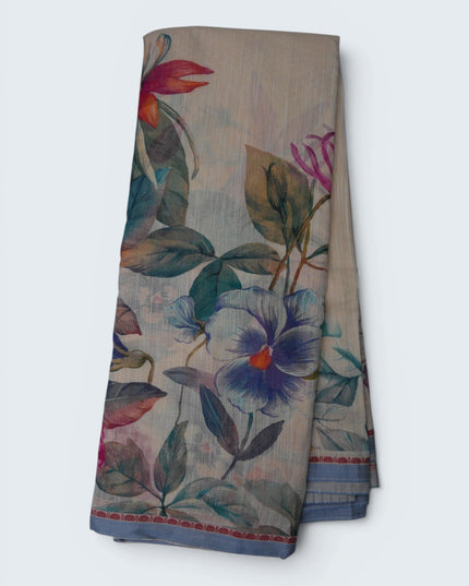 Khadi Digital Printed Saree in Beige Colour with Soft Floral Botanical-Inspired Design