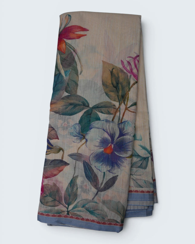 Khadi Digital Printed Saree in Beige Colour with Soft Floral Botanical-Inspired Design