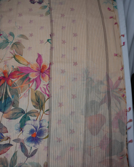 Khadi Digital Printed Saree in Beige Colour with Soft Floral Botanical-Inspired Design