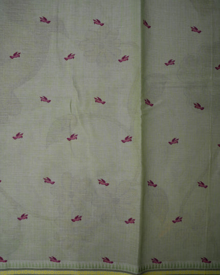 Khadi Digital Printed Saree in Dove Grey Colour with Artistic Bird & Floral Garden Design