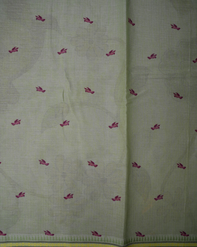 Khadi Digital Printed Saree in Dove Grey Colour with Artistic Bird & Floral Garden Design