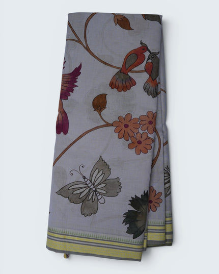 Khadi Digital Printed Saree in Dove Grey Colour with Artistic Bird & Floral Garden Design