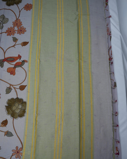 Khadi Digital Printed Saree in Dove Grey Colour with Artistic Bird & Floral Garden Design