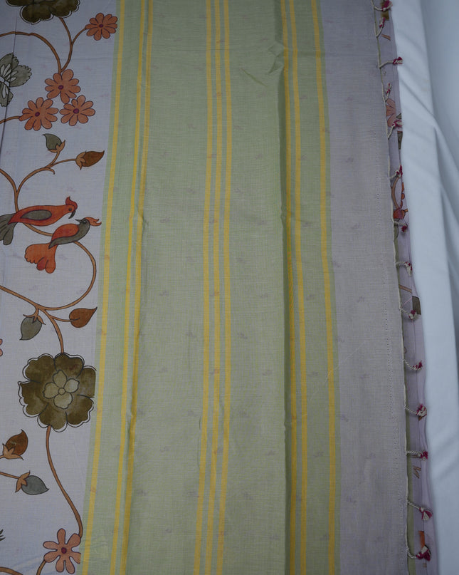 Khadi Digital Printed Saree in Dove Grey Colour with Artistic Bird & Floral Garden Design