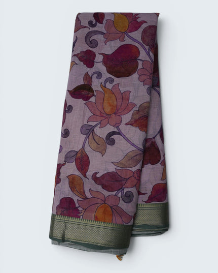 Khadi Digital Printed Saree in Lavender Grey Colour with Vintage Floral Garden Motifs