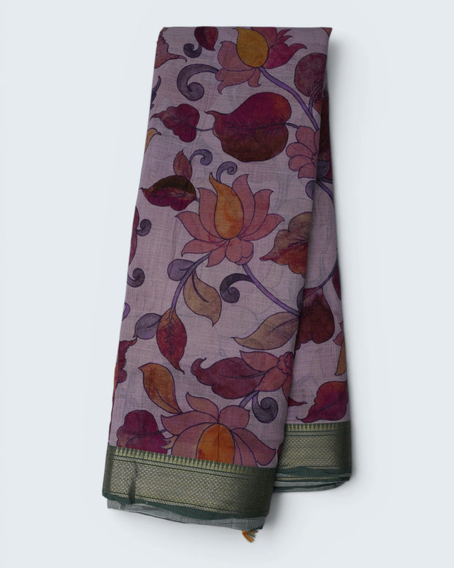 Khadi Digital Printed Saree in Lavender Grey Colour with Vintage Floral Garden Motifs