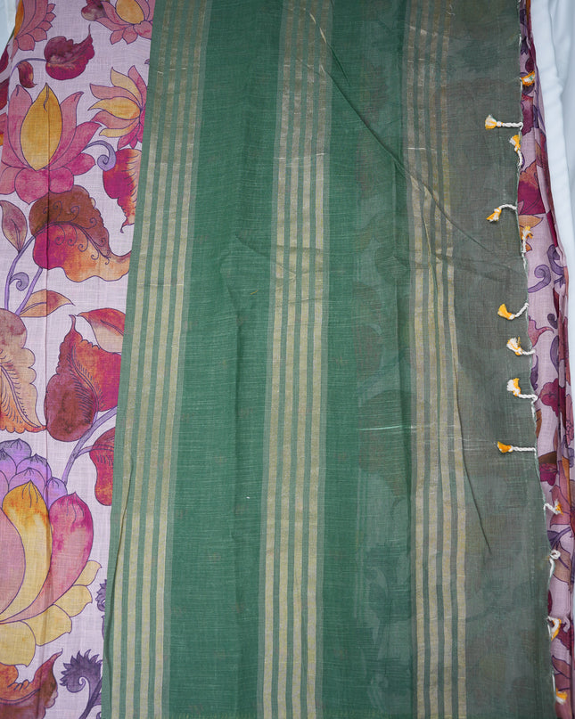 Khadi Digital Printed Saree in Lavender Grey Colour with Vintage Floral Garden Motifs