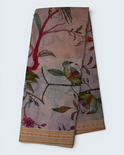 Khadi Digital Printed Saree in Mauve Colour with Colourful Birds & Floral Nature-Inspired Design