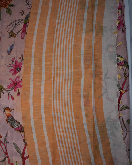 Khadi Digital Printed Saree in Mauve Colour with Colourful Birds & Floral Nature-Inspired Design