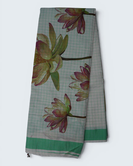 Khadi Digital Printed Saree in Mint Green Colour with Lotus Flowers & Floral Nature-Inspired Design