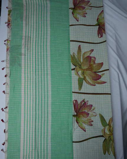 Khadi Digital Printed Saree in Mint Green Colour with Lotus Flowers & Floral Nature-Inspired Design