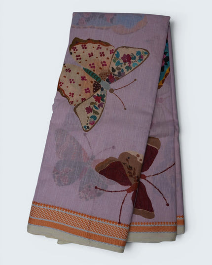 Khadi Digital Printed Saree in Lavender Mauve Colour with Artistic Butterfly & Floral Nature-Inspired Design