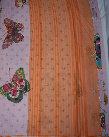 Khadi Digital Printed Saree in Lavender Mauve Colour with Artistic Butterfly & Floral Nature-Inspired Design