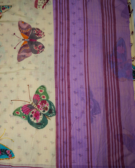 Khadi Digital Printed Saree in Cream Beige Colour with Artistic Butterfly & Floral Nature-Inspired Design