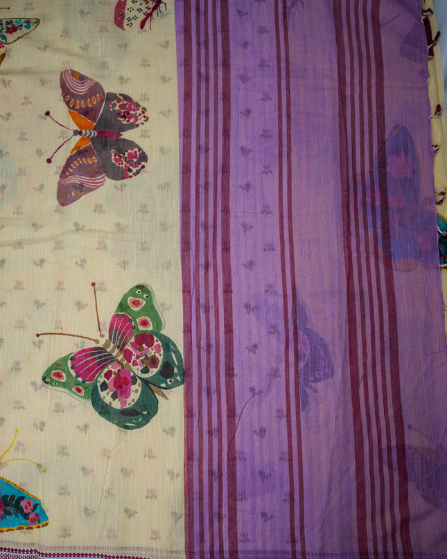 Khadi Digital Printed Saree in Cream Beige Colour with Artistic Butterfly & Floral Nature-Inspired Design