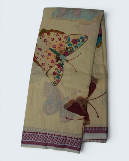 Khadi Digital Printed Saree in Cream Beige Colour with Artistic Butterfly & Floral Nature-Inspired Design