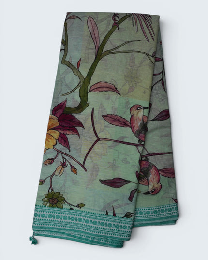 Khadi Digital Printed Saree in Mint Green Colour with Artistic Birds & Floral Nature-Inspired Design