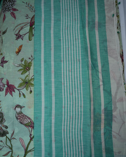 Khadi Digital Printed Saree in Mint Green Colour with Artistic Birds & Floral Nature-Inspired Design