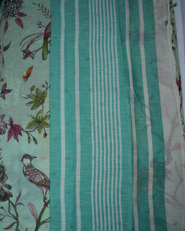 Khadi Digital Printed Saree in Mint Green Colour with Artistic Birds & Floral Nature-Inspired Design