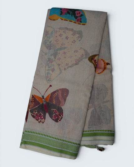 Khadi Digital Printed Saree in Cream Beige Colour with Artistic Butterflies & Floral Nature-Inspired Design