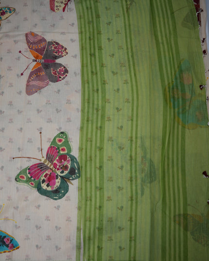 Khadi Digital Printed Saree in Cream Beige Colour with Artistic Butterflies & Floral Nature-Inspired Design