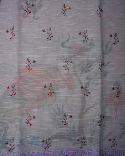 Khadi Digital Printed Saree in Mauve Pink Colour with Artistic Heron Bird & Floral Nature-Inspired Design