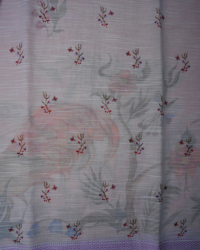Khadi Digital Printed Saree in Mauve Pink Colour with Artistic Heron Bird & Floral Nature-Inspired Design