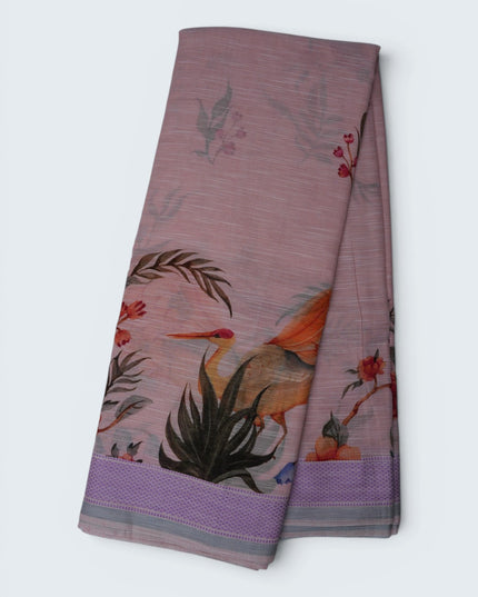Khadi Digital Printed Saree in Mauve Pink Colour with Artistic Heron Bird & Floral Nature-Inspired Design